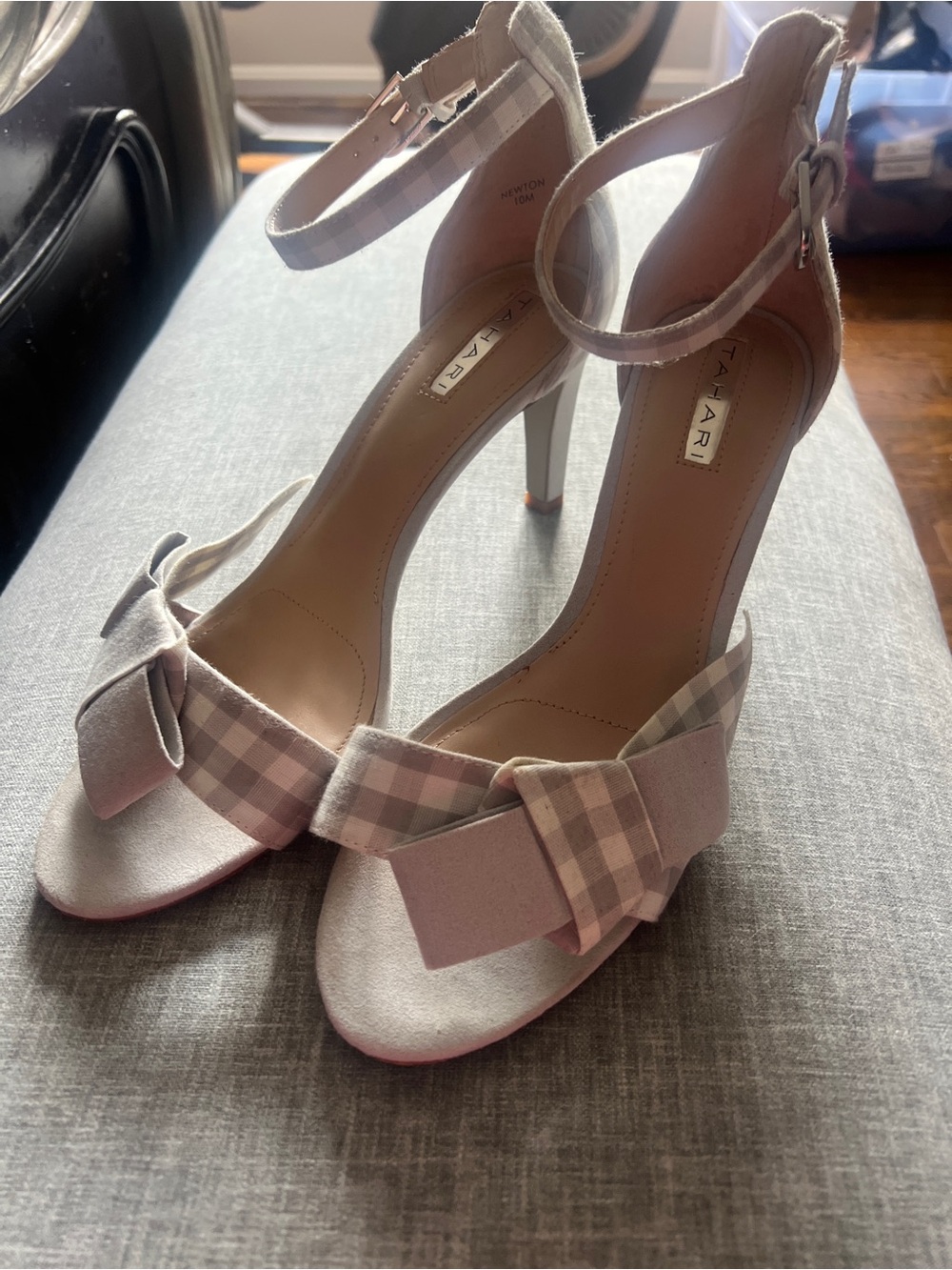 Tahari Blush Grey and white Plaid Bow Ankle-Strap Heels